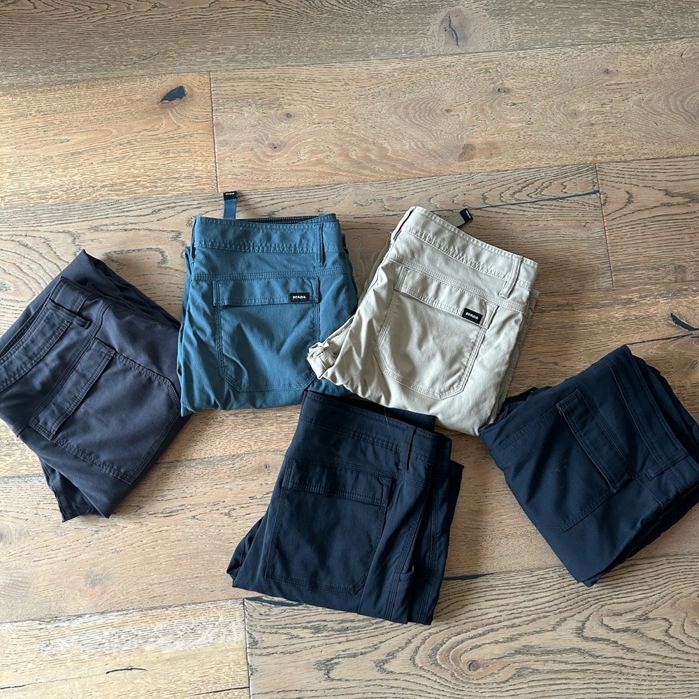 Prana Zion Slim Straight Pants 34x32 (5) pair lot! Tan, Blue, Grey, Black, Black